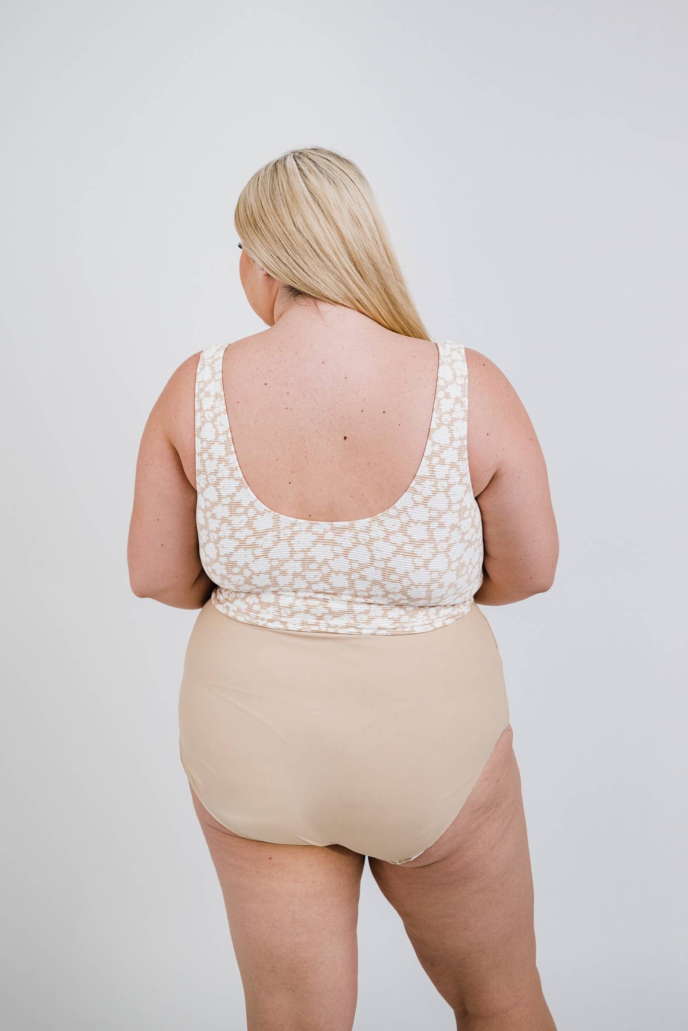 Tan Floral Print Rib Knit Knotted Top