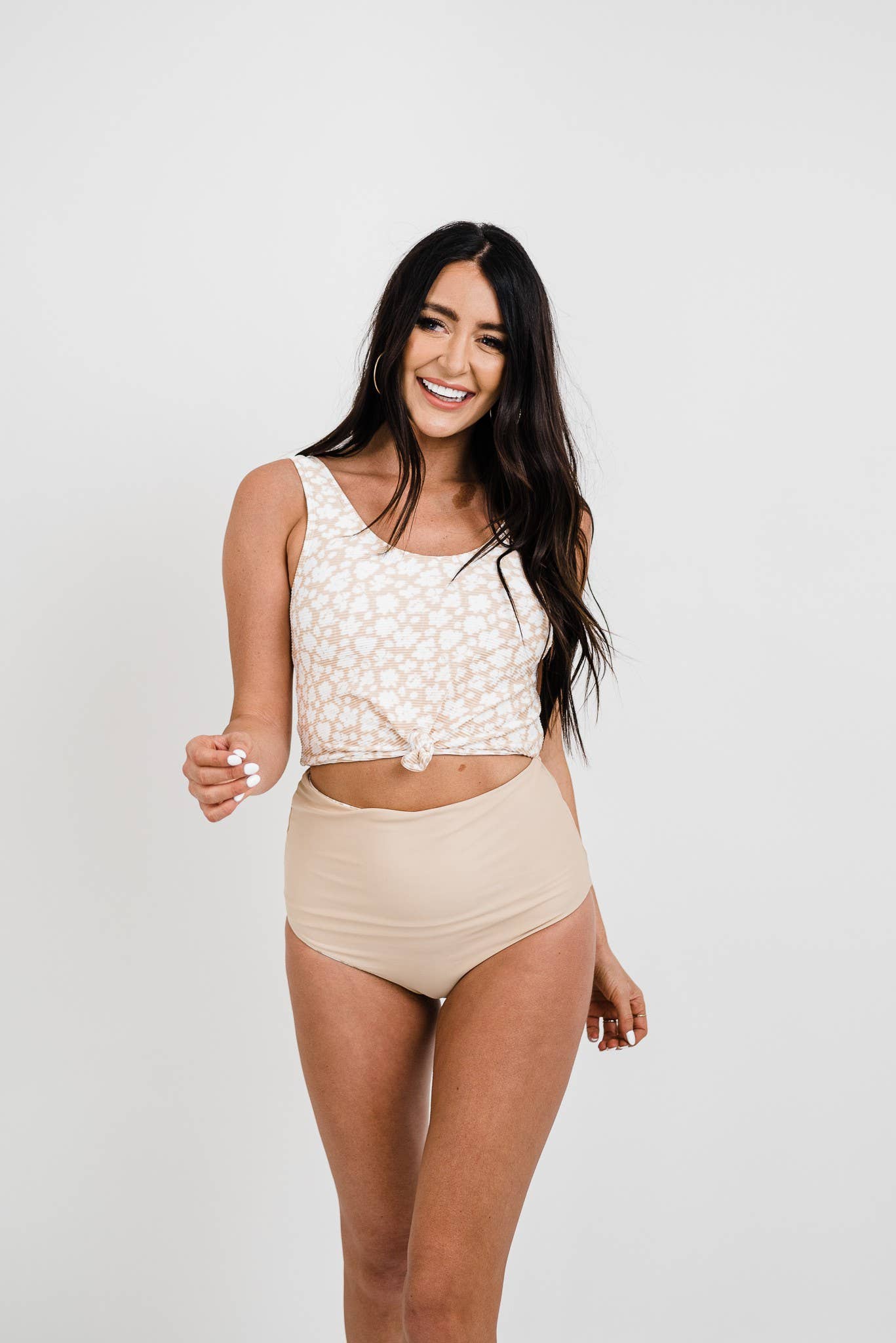 Tan Floral Print Rib Knit Knotted Top